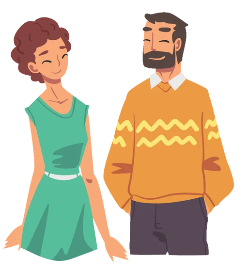 a woman in a teal dress and a man in an orange sweater smiling at each other